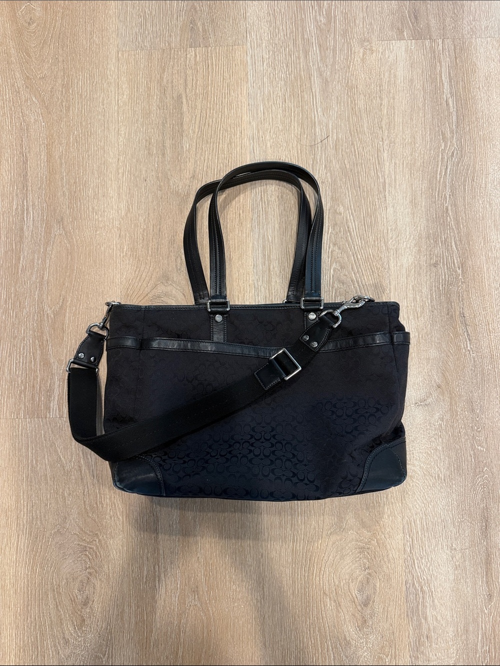 Coach F77156 Signature Metallic Tote Diaper Bag Black On Black Silver Hardware
